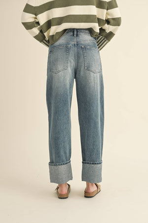 STRAIGHT LEG CUFFED HEM DENIM PANTS