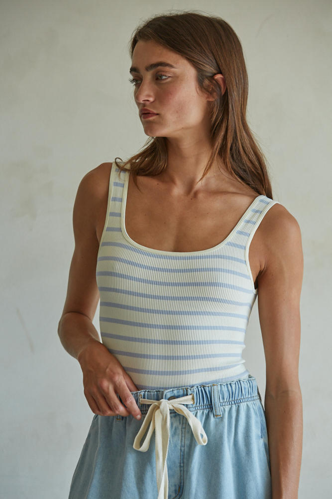 Striped Bodysuit Tank - Pale Blue