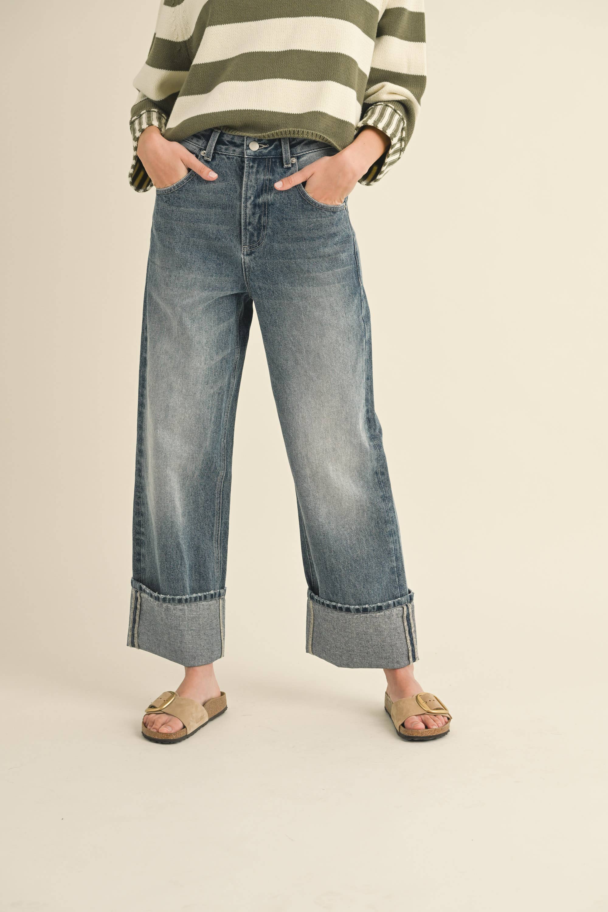 STRAIGHT LEG CUFFED HEM DENIM PANTS