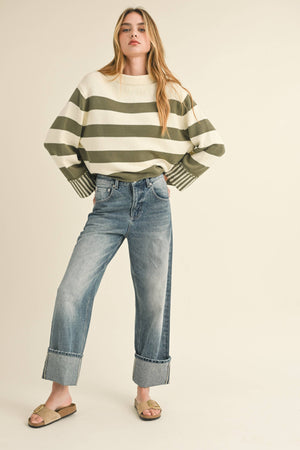 STRAIGHT LEG CUFFED HEM DENIM PANTS